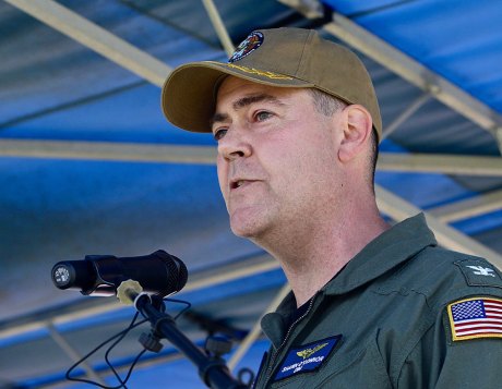 Capt. Shawn O'Connor delivers remarks during the Friday Change of Command Ceremony.